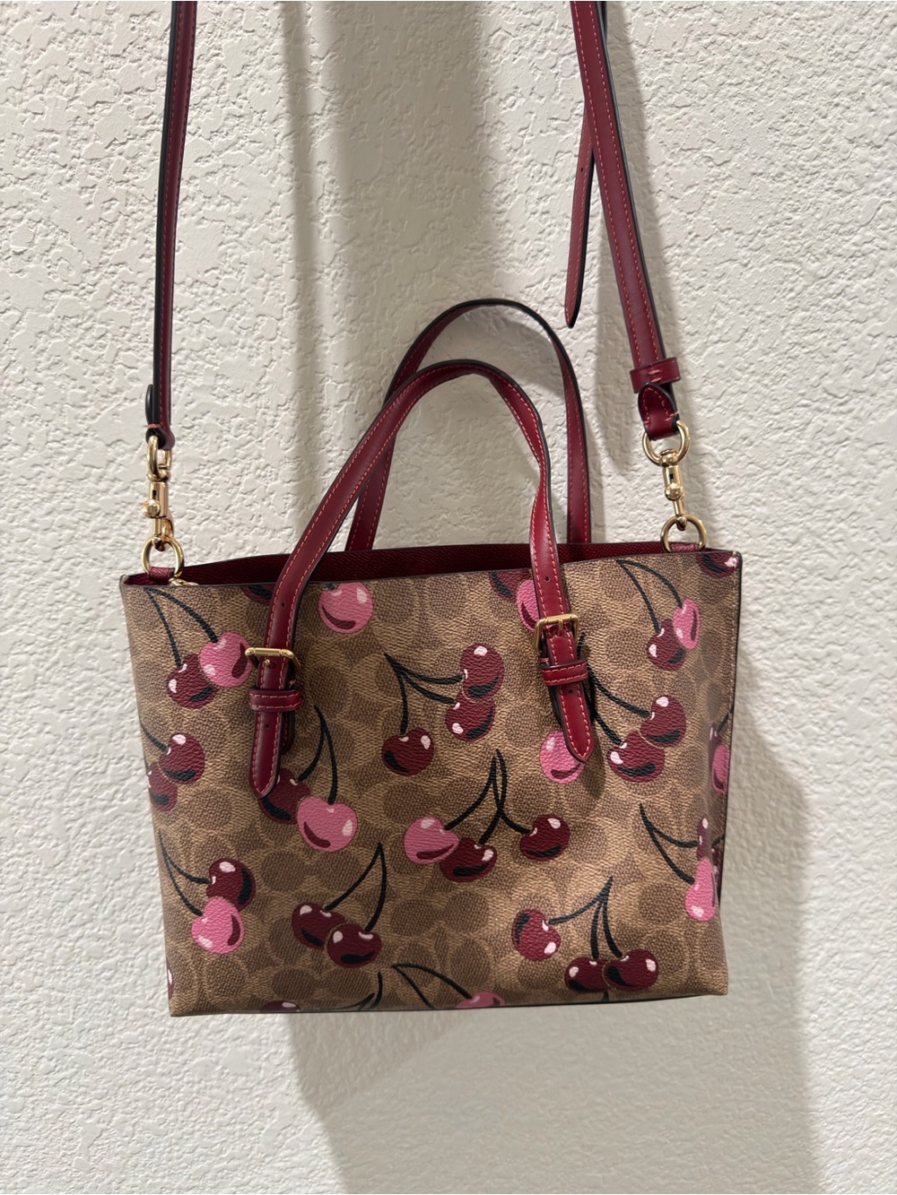 Coach Brown Tote with Pink & Burgundy Cherry Print - Picture 2 of 3